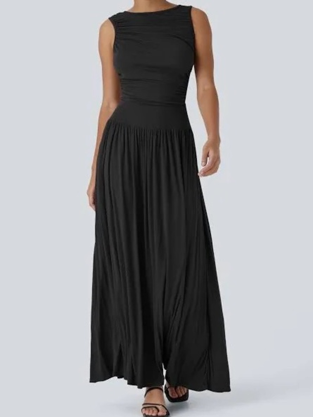 HALARA Ribbed Boat Neck Asymmetric Strap Ruched Pocket Flowy Maxi Casual Dress